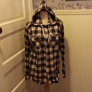Quiksilver large plaid flannel cotton hooded shirt
